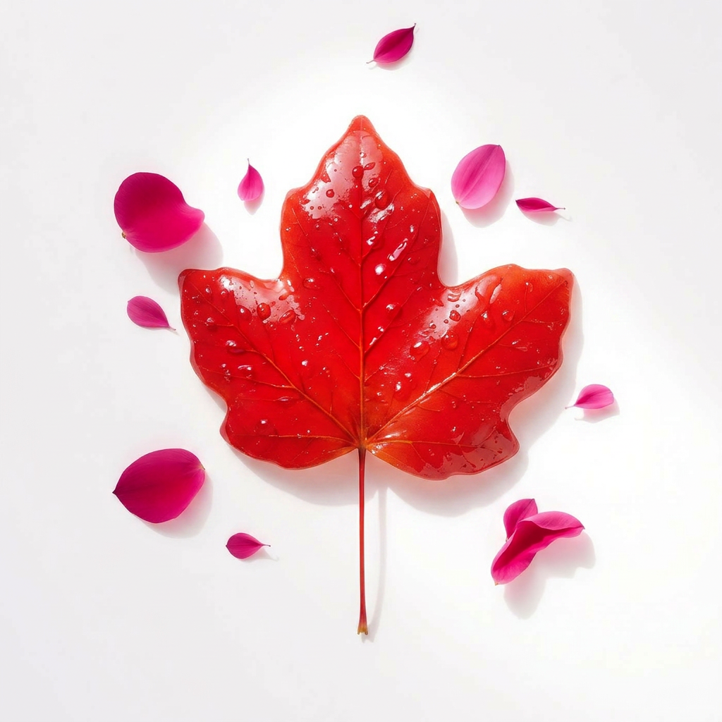 Artistic red maple leaf composed of honey droplets and pink flower petals